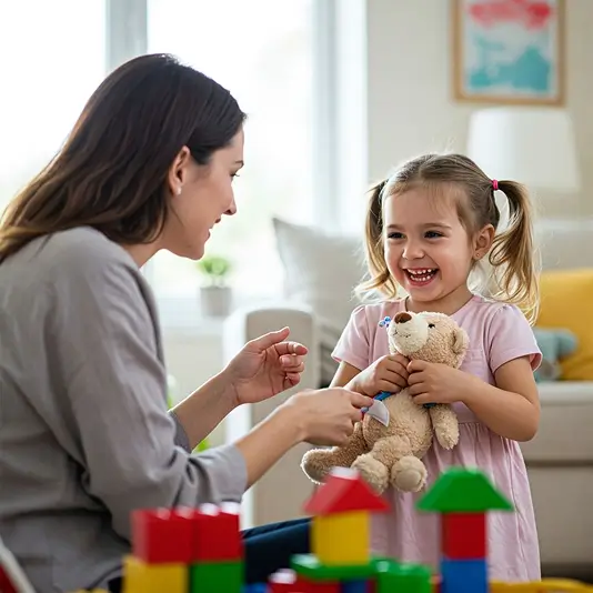 Woman engaging with a smiling young girl holding a teddy bear during a play-based communication activity.