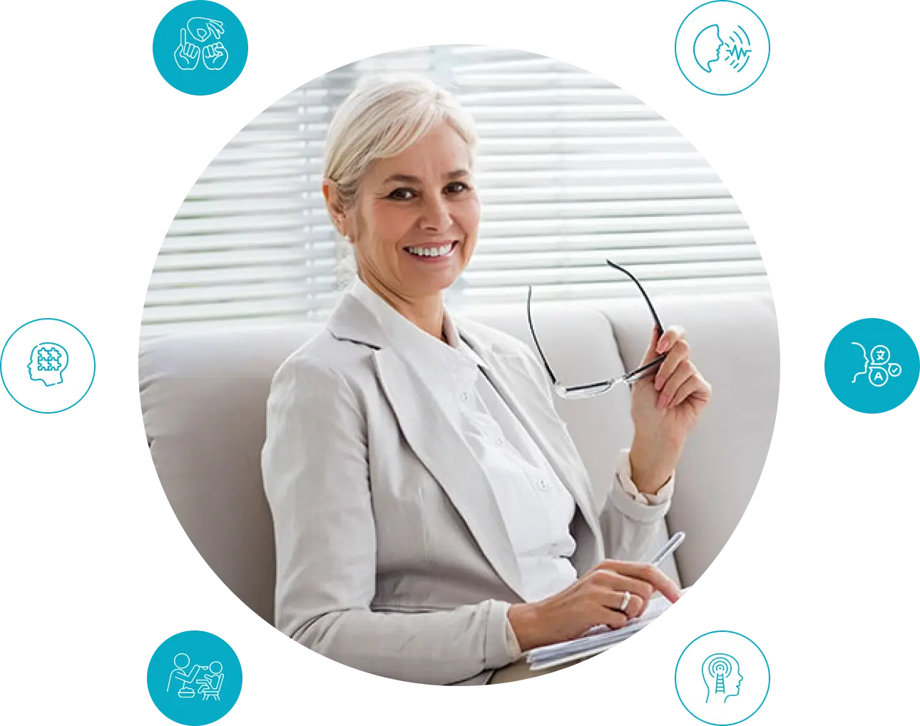 Female speech-language professional seated with a notebook, surrounded by icons representing speech, language and communication therapy.